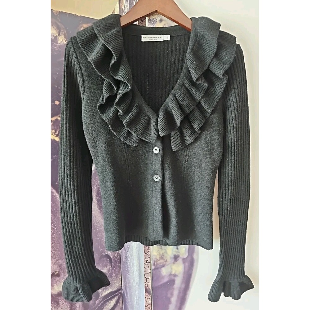 St Ambecco Sweater Jacket Ruffle V Neck Black Wool Mohair Blend Made In Italy S